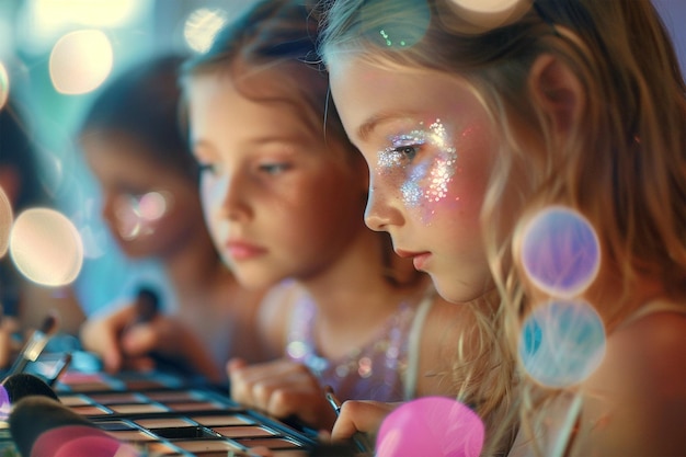 Chicas jóvenes haciendo maquillaje de sirena para una fiesta