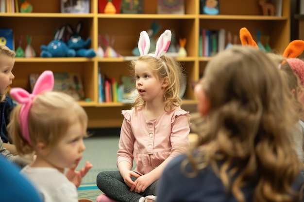 Chicas jóvenes con orejas de conejo comparten huevos de Pascua en un divertido evento