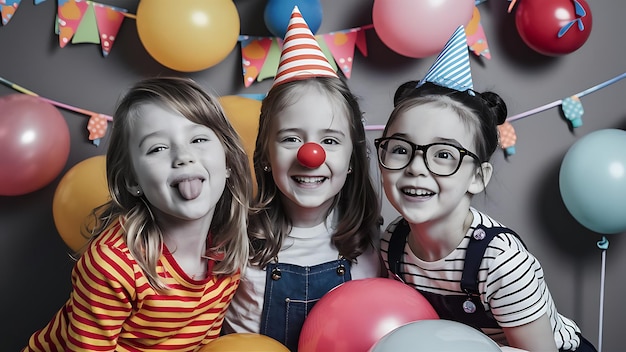 Chicas lindas haciendo caras divertidas usando payasos están sonriendo y uno tiene una nariz de payaso roja