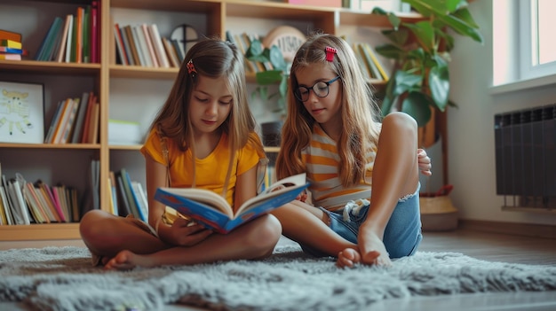 Chicas lindas sentadas en el suelo leyendo libros.