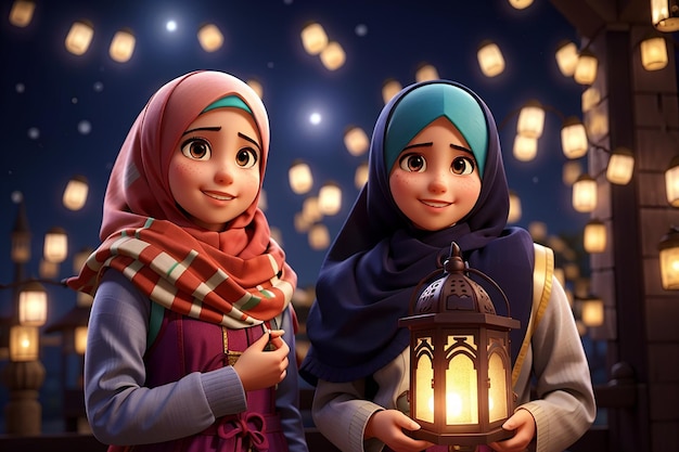 Chicas musulmanas felices con linterna de Ramadán en el fondo de luces nocturnas desenfocadas