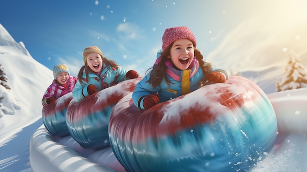 Chicas muy felices deslizándose por una pendiente nevada en tubos inflables