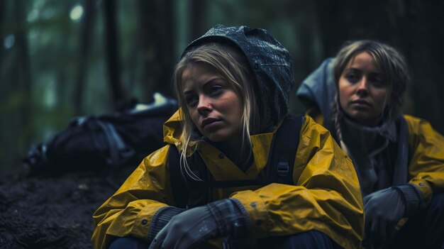 chicas perdidas y molestas en un bosque húmedo llorando solas