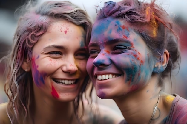 Las chicas se ríen del festival de colores holi AI generativa 4