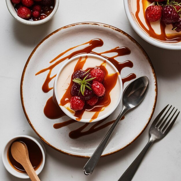 Chicha morada panna cotta con gotas de caramelo