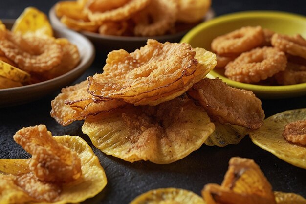 Foto chicharrn en las papas fritas de plátano crujiente