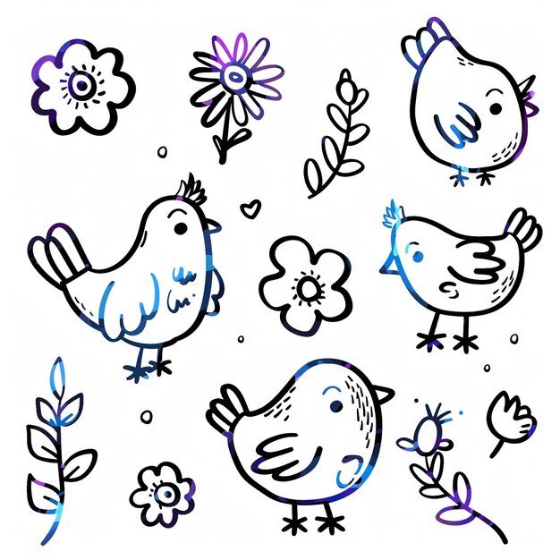 Chick flat vector linear tem set ilustração de alta qualidade