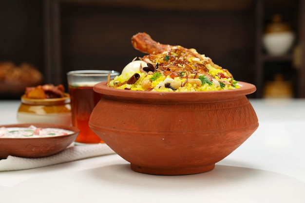 Chicken Biryani aus Jeera-Reis und Gewürzen, arrangiert in einem Steingut