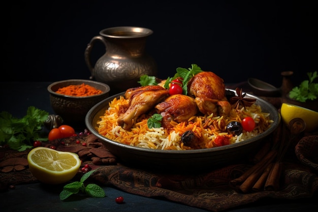 Chicken Biryani Ein berühmtes Reisgericht, gemischt mit würzigen marinierten Hühnergewürzen und geschmackvoller AI