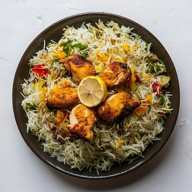 Foto chicken biryani spicy indian malabar biryani hyderabadi biryani dum biriyani pulao tigela dourada kerala índia sri lanka paquistão arroz basmati arroz misto com curry de carne ramadan kareem eid