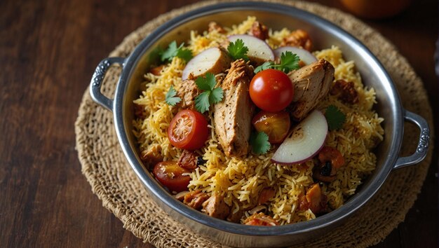 Foto chicken biryani uma tigela de arroz com arroz e carne e vegetais