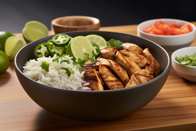 Foto chicken burrito bowl picante com arroz de limão de cilantro