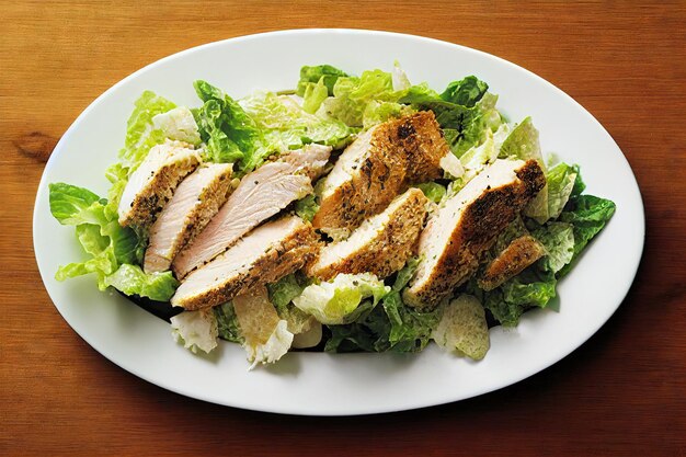 Foto chicken caesar salad mit zarten hähnchenstücken und hellgrünen salatblättern