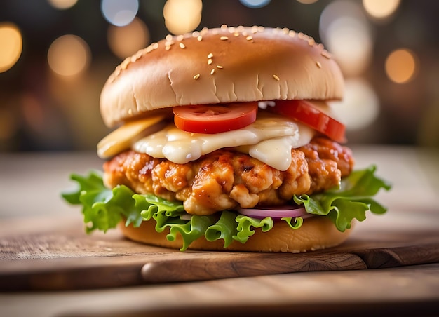 Chicken Cheese Burger Bokeh natürliche Beleuchtung Hintergrund