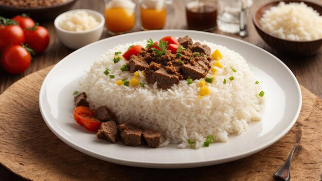 Foto chicken curry delight em prato branco com arroz e carne