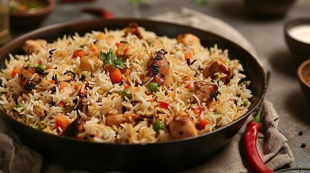 Foto chicken dhun biryani com arroz jeera e especiarias de ia geradora