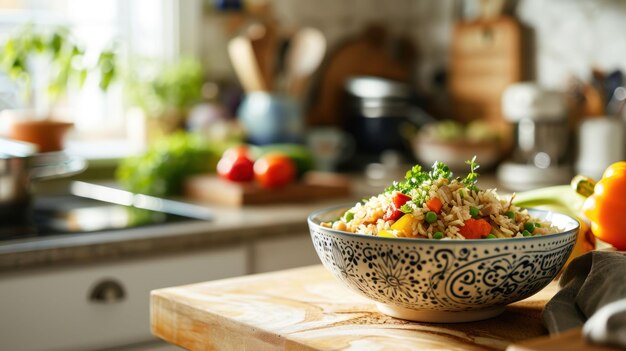 Chicken Fried Rice gegen eine ruhige Küchenplatte.