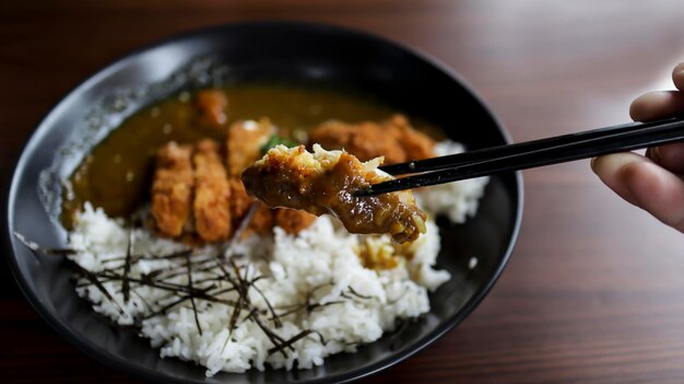 Chicken Katsu Curry es una comida con trozos de pollo crujientes servidos sobre arroz con salsa de curry japonés.