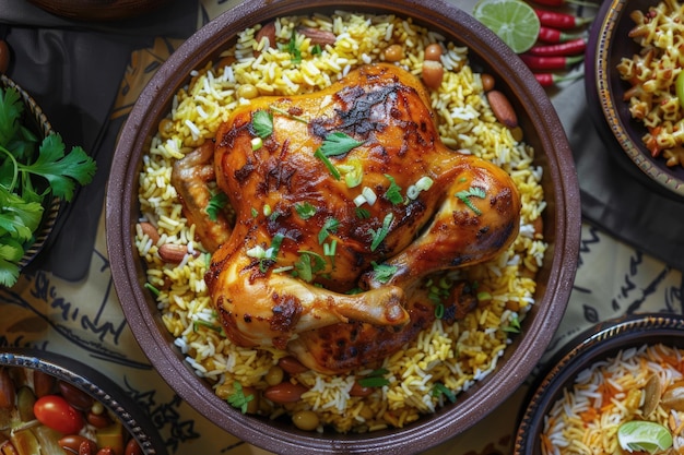 Chicken Mandy vista de cima O prato nacional da Arábia Saudita é o kabsa de frango com arroz e cozinha árabe mandi