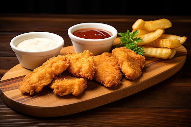 Chicken Nuggets mit drei Saucenoptionen auf einem Holzhintergrund