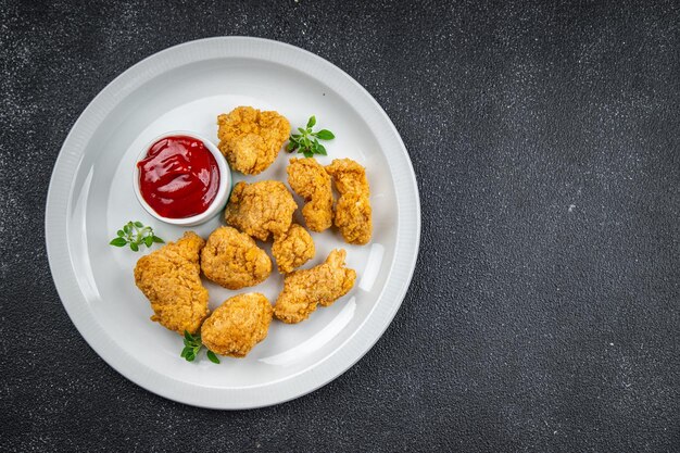 Chicken Nuggets, Tomatensoße, frittiertes Fleisch, verzehrfertig, gesunde Mahlzeit, Snack auf dem Tisch