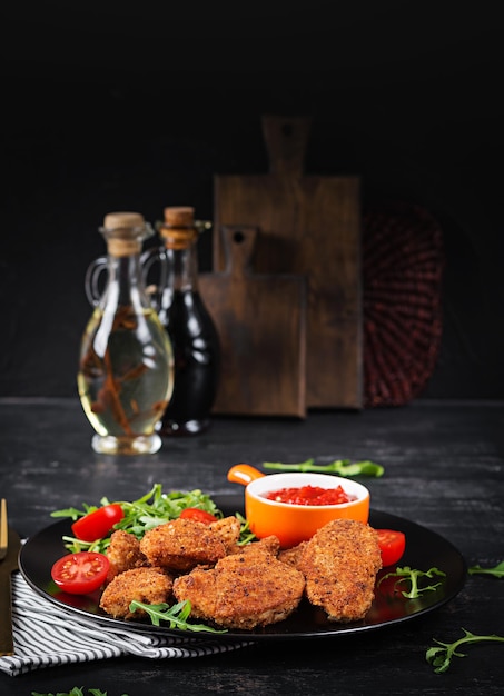 Chicken Nuggets und Sauce in schwarzer Platte auf dunklem Hintergrund.