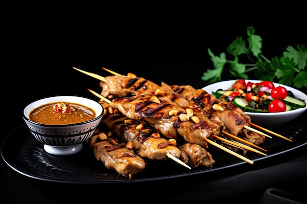 Chicken Satay Skewers indonésio com molho de amendoim em fundo preto