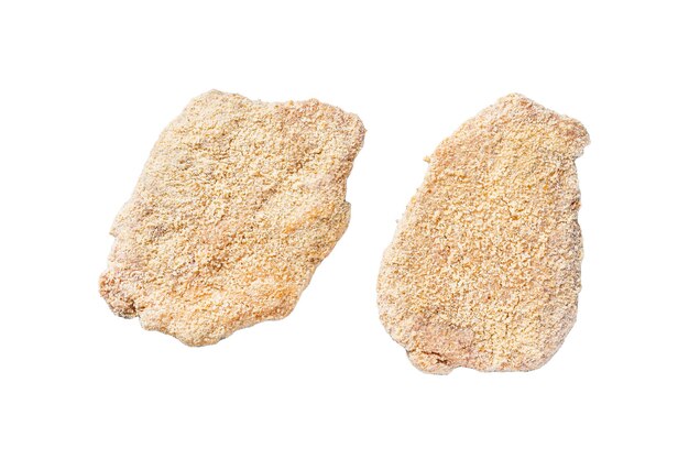 Foto chicken schnitzel cru escalope em migalhas de pão isolado em fundo branco vista de cima