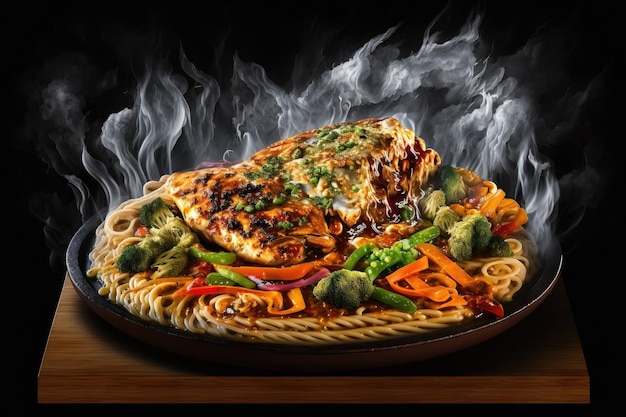 Chicken Sizzler mit Nudeln, die dampfen