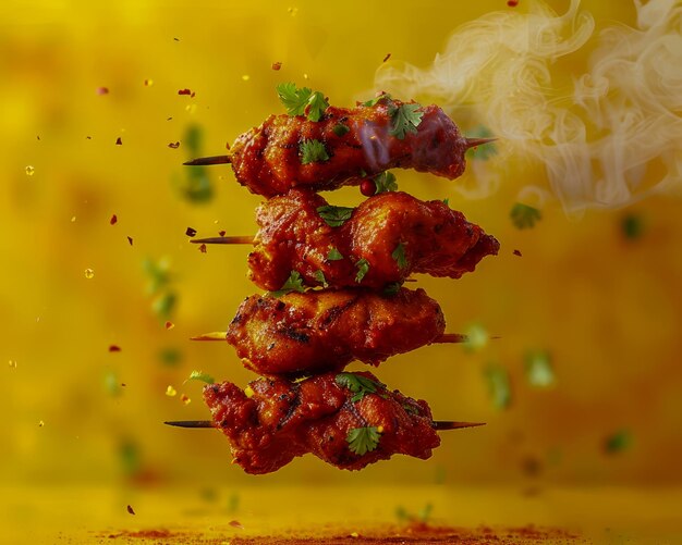 Foto chicken skewers com ervas e especiarias em pleno ar perfeito para menu de churrasco e culinária