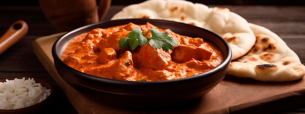 Chicken Tikka Masala würziges Curry-Fleisch in Tonplatte mit Reis und dunklem Hintergrund Generative AI