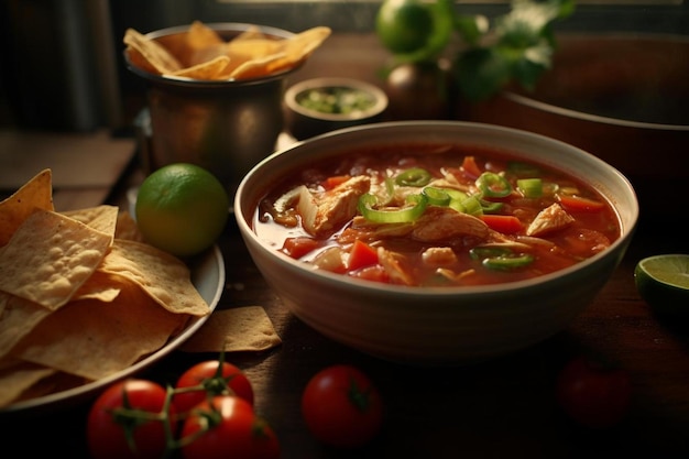 Foto chicken tortilla soup und lime chicharrones fastfood-bildfotografie