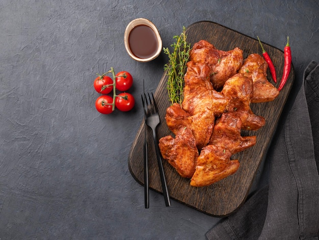 Chicken Wings BBQ mit Sauce Tomaten und frischen Kräutern auf einem Holzbrett auf dunklem Hintergrund Das Konzept der Snacks für eine Party