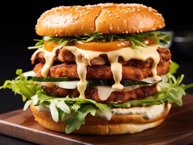 Chickenburger auf dunklem Hintergrund, generative KI