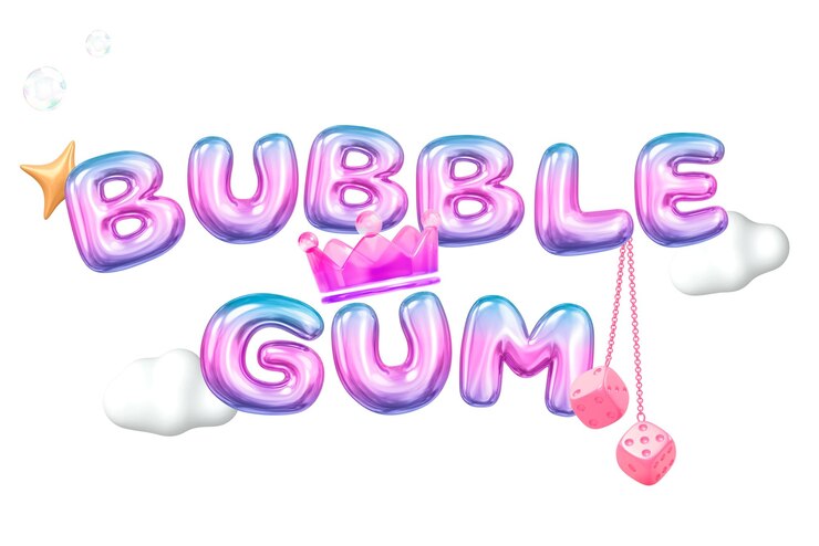 Foto chicle de burbuja png pegatina de palabras en 3d globo de gradiente en fondo transparente rosado