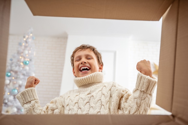 Chico alegre niño lindo abriendo un regalo de Navidad. Niño divirtiéndose cerca del árbol de Navidad en el interior. Vista desde el interior de la caja ¡Feliz Navidad y Felices Fiestas!