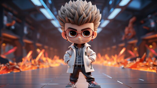 Chico de anime en 3D con gafas como una estrella pop contra un resplandor dorado espacio de copia de pancarta de estilo Chibistyle