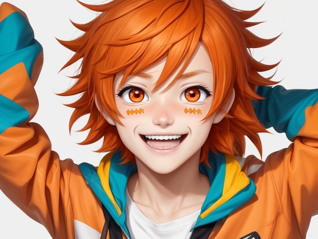 Un chico anime alegre y enérgico con cabello naranja desordenado.