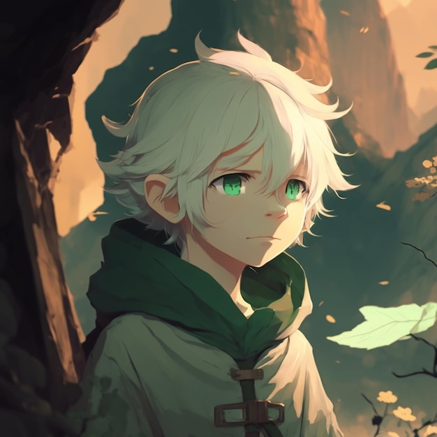 chico anime con cabello blanco y ojos verdes parado frente a una montaña ai generativa