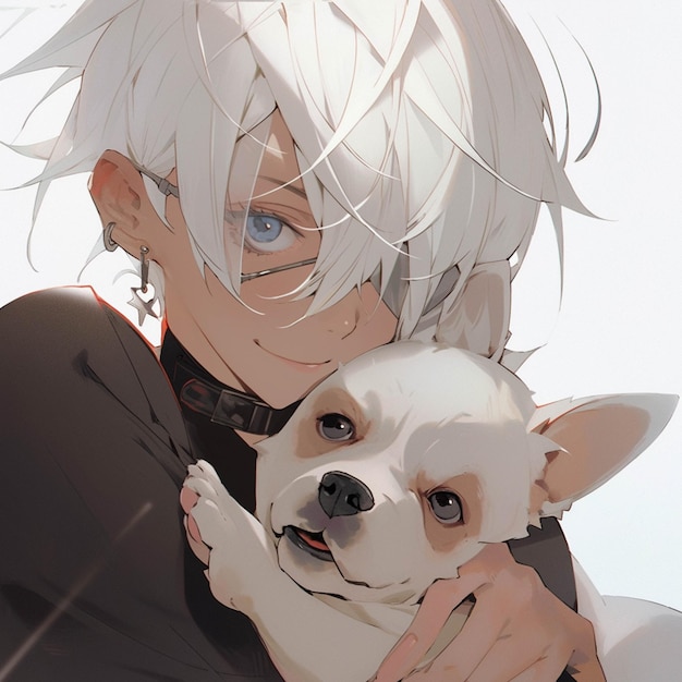 Chico anime con cabello blanco sosteniendo un pequeño perro en sus brazos ai generativo