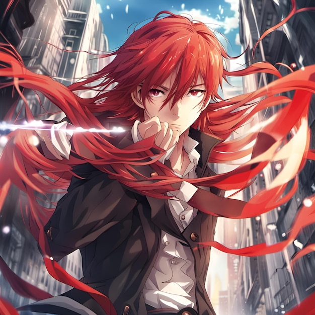 Un chico anime con cabello largo y rojo y una mirada decidida.
