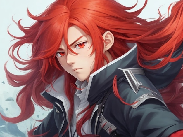 Un chico de anime con cabello largo y suelto de color rojo y una mirada determinada.