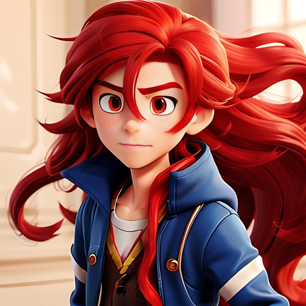 Un chico de anime con cabello rojo largo que fluye ai generar