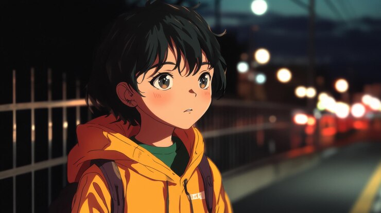 El chico del anime espera en la noche las luces de la ciudad borrosas