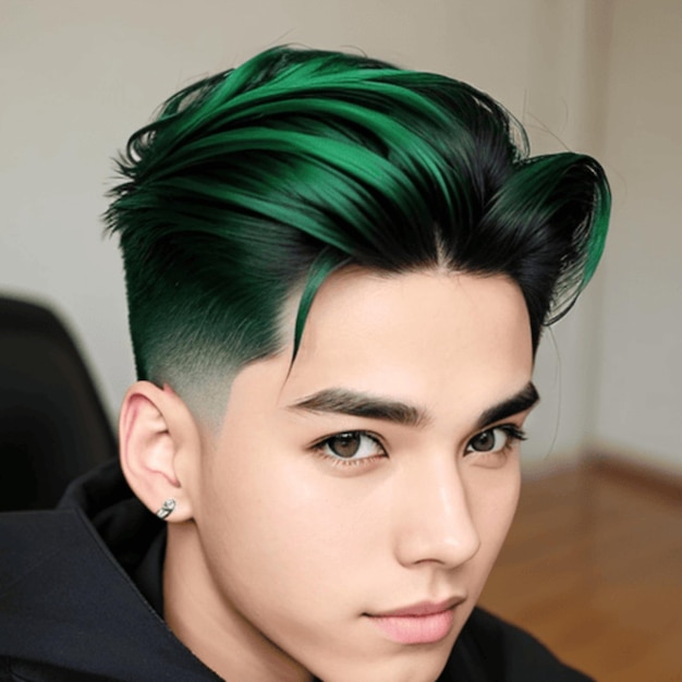 Un chico de anime genial y relajado con cabello verde peinado hacia atrás.