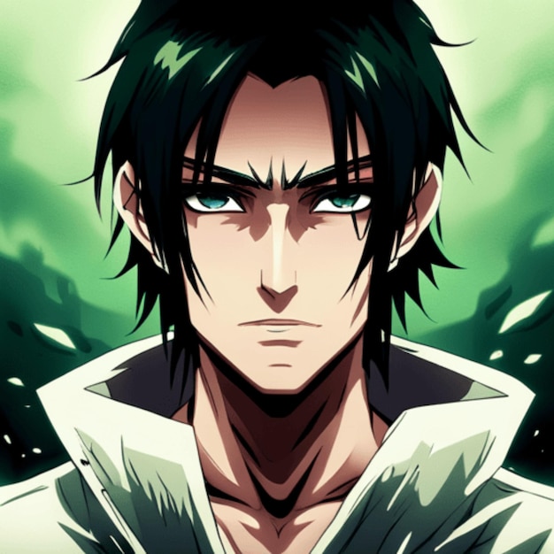 Un chico de anime inquietante y misterioso con cabello negro azabache y ojos penetrantes.