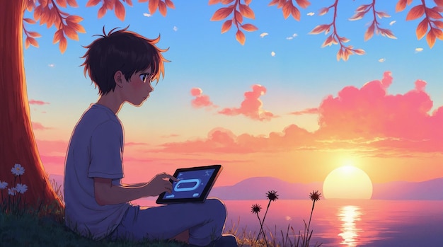 Chico de anime relajándose junto al lago al atardecer con una tableta