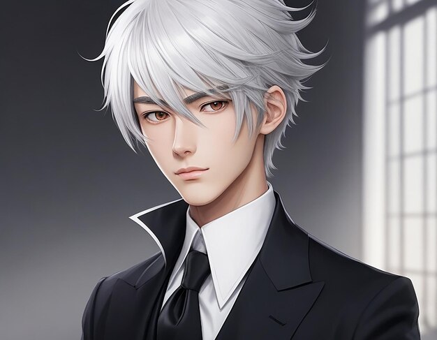 Un chico de anime sofisticado y elegante con cabello gris plateado liso.