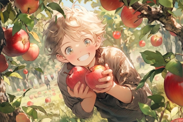 chico anime sosteniendo una manzana en un árbol con manzanas en el fondo ai generativo