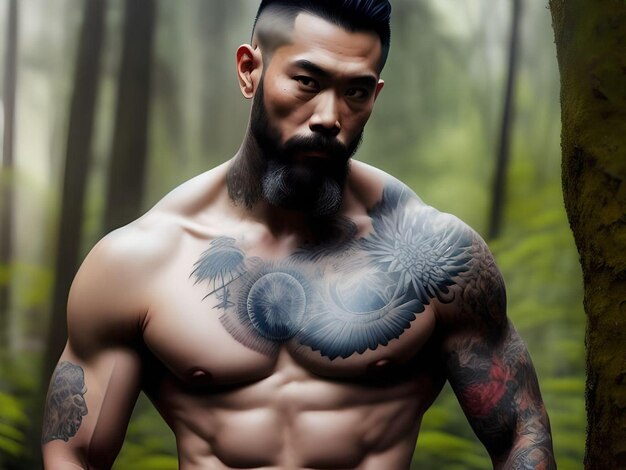 Chico asiático musculoso sin camisa sexy con barba y tatuajes en la ilustración del bosque